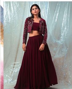 Lehanga Coat Design, Crop Top Outfits With Jacket, Coat With Lehenga, Coat Model Lehengas, Velvet Crop Top Designs For Long Skirt, Lehanga With Over Coat, Ghagra With Jacket, Koti Style Chaniya Choli Latest, Lehenga With Coat