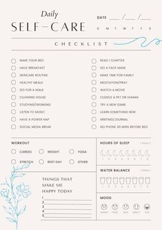 a printable self care checklist with blue flowers on the front and back side