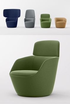 four different colored chairs in various shapes and sizes