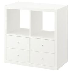 a white bookcase with two drawers and one drawer on the bottom, against a white background