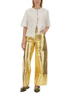 100% cotton Luxury Long Summer Pants, Luxury Wide Leg Pants For Spring, Luxury Trousers For Spring, Luxury High-waisted Pants For Spring, Luxury High-waisted Spring Pants, Luxury Spring Trousers, Gold Straight Leg Pants For Spring, Luxury Tapered Leg Bottoms For Spring, Gold Wide Leg Pants For Summer