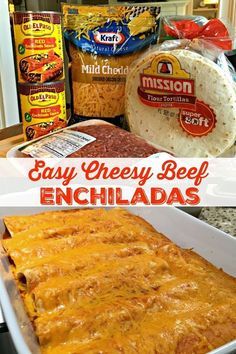 an easy cheesy beef enchiladas recipe in a casserole dish