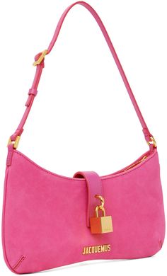 Nubuck shoulder bag in pink. Logo hardware at face. · Adjustable leather shoulder strap · Leather tab with padlock hardware at face · Zip closure · Lanyard strap with keyring at interior · Patch pocket at interior · Twill lining · Logo-engraved gold-tone hardware · H5.25 x W10 x D0.75 in Part of the Le Raphia collection. Supplier color: Dark pink Pink Logo, Pink Leather, Luxury Streetwear, Dark Pink, Lanyard, Patch Pocket, Leather Straps, Shoulder Strap, Perfect Clothing