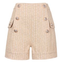 Our Cia Shorts are made of high-quality Jacquard fabric with a monogram pattern. High-waisted shorts are embellished with gold buttons and side pockets and can be opened/closed with snap buttons. Pair this piece with a white bodysuit and the matching blazer.Material Composition: 75% cotton. 25% polyster Luxury Shorts With Belt Loops, Beige Buttoned Shorts, Two Piece Set Pants, A Monogram, Ribbed Mini Dress, Monogram Pattern, White Bodysuit, Jacquard Fabric, Gold Buttons