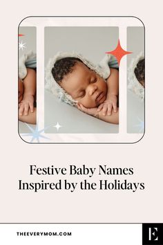 a baby sleeping on top of a blanket with the words festive baby names inspired by the holidays