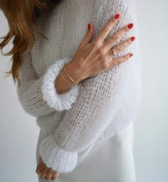 Elegant Mohair Crew Neck Sweater, Elegant White Hand Knitted Sweater, Winter Wedding Mohair Sweater, Elegant Wedding Sweater For Winter, White Wedding Sweater For Winter, White Winter Wedding Sweater, Elegant Winter Wedding Sweater, Elegant White Mohair Sweater, White Long Sleeve Wedding Sweater