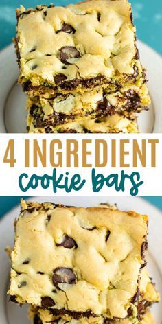 four ingredient cookie bars stacked on top of each other with text overlay that reads, 4 ingredient cookie bars