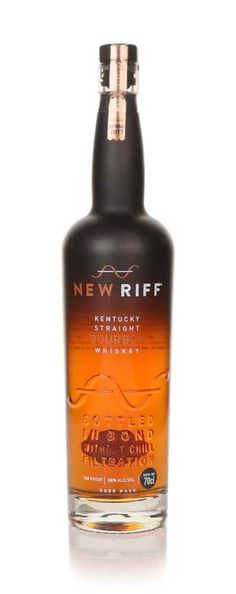 a bottle of new riff kentucky straight bourbon whiskey on a white background with an orange and black stripe