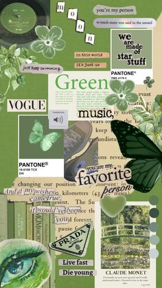 green collage with words and pictures on it