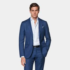 This up-to-date mid blue Havana suit is cut from 100% pure S110's wool by the renowned Vitale Barberis Canonico mill in Biella, Italy. Tailored to a slim fit, it features flap pockets and narrow, lightly padded shoulder. Paired here with our Brescia trousers, it's available as a suit or separate. Professional Blue Suits With Pressed Crease, Blue Slim Fit Sport Coat For Formal Events, Blue Double Breasted Suit For Business, Blue Wool Tuxedo For Business, Custom Fit Blue Suit For Business Casual, Blue Custom Fit Suit For Business Casual, Blue Suits For Business Casual, Blue Suits With Pressed Crease And Notch Lapel, Blue Business Suits With Welt Pockets