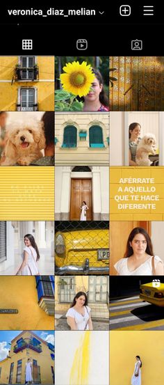 the collage shows many different pictures and people in white outfits, with yellow accents