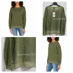 Buffalo Women's Crewneck Pullover In Green Colors: Green (Olive Wood) Relaxed Fit Vintage Wash Soft French Terry Crewneck Hi-Low Hem With Side Slits Ribbed At Neck, Hem And Cuffs Made In Vietnam Content: 60% Cotton | 40% Polyester Midweight Sizing: Sizes: Size Conversion: M = 8-10 | L = 12-14 | Xl = 16 | Xxl = 18 | Olive Crew Neck Sweater For Fall, Casual Olive Sweater For Layering, Casual Khaki Sweater For Layering, Olive Long Sleeve Top For Layering, Oversized Olive Top For Fall, Casual Olive Tops For Winter, Fall Olive Crew Neck Top, Olive Crew Neck Top For Fall, Oversized Casual Olive Top