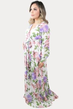 This is the perfect floral sweetheart pregnancy maxi. Features a gorgeous combination of pink, purple, and ivory with a standout large floral print. The sweetheart neckline is perfect for nursing, long chiffon sleeves, and a tie waistline to keep you comfy! An ideal floral baby shower maxi, date night dress, or just because. Designed for wear throughout all nine months of pregnancy and beyond! Months Of Pregnancy, Maternity Dresses Summer, Date Night Dress, Large Floral Print, Pregnancy Months, Maternity Maxi, Loose Sleeves, Nine Months, Floral Baby Shower