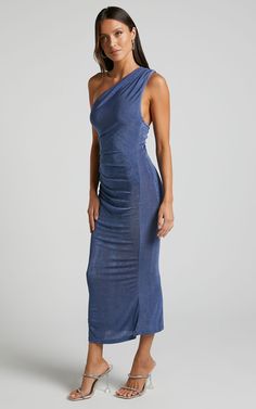 Arietty Midi Dress - One Shoulder Asymmetrical Ruched Dress in Steel Blue One-shoulder Bodycon Dress With Ruched Sides For Party, One Shoulder Bodycon Dress With Ruched Sides For Party, One-shoulder Ruched Bodycon Dress For Parties, Blue One Shoulder Dress With Ruched Asymmetrical Neckline, Fitted Blue One Shoulder Ruched Dress, Fitted Blue One Shoulder Dress With Ruched Detail, Blue Ruched One-shoulder Dress For Night Out, Ruched Blue One-shoulder Dress For Night Out, Blue One-shoulder Ruched Dress For Night Out