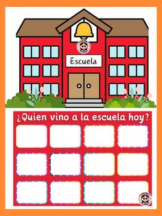 a spanish calendar with a red building and a bell on top