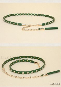 Lasaky - Thin Genuine Leather Waist Belt with Decorative Waist Chain in Black and White - Stylish and Minimalistic Skinny Belt Leather Waist Belt, Waist Chain, Black Belt, Olivia Mark, Waist Belt, Green Color, Green Colors, Genuine Leather, Black And White