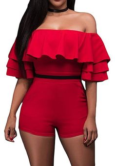 WomensÂ Off the Shoulder With Ruffles Backless Rompers Short Jumpsuit for Summer XL >>> Read more reviews of the product by visiting the link on the image.(It is Amazon affiliate link) #JumpsuitsForWomen Club Romper, Fall Fashion Skirts, Party Rompers, Off Shoulder Romper, Romper Shorts, Red Romper, Backless Jumpsuit, Jumpsuit Elegant