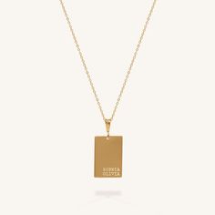 Sometimes, minimal is the way to go, and the Willow Necklace adds a simplistic element to your stack unlike anything you've seen before. A simple rectangular pendant on a dainty chain is yours to customize however you see fit - we're loving anniversary names and dates, matching duo pairs, and simple reminders inscribed to wear forever. 14k Gold Fill or Sterling Silver Pendant Dimension: 0.7 x 0.5" Length: 16" + 2" ext Text Specifications: Max 6 characters/line. Special characters may include hea Everyday Necklace With Delicate Chain And Rectangular Pendant, Everyday Rectangular Pendant Necklace With Delicate Chain, Dainty Everyday Necklace With Rectangular Pendant, Minimalist Necklace With Rectangular Pendant On Cable Chain, Everyday Charm Necklace With Delicate Rectangular Pendant, Minimalist Jewelry With Delicate Rectangular Chain, Minimalist Rectangular Jewelry With Delicate Chain, Modern Personalized Rectangular Necklaces, Gold Minimalist Rectangular Bar Necklace