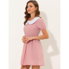 This flare dress adds a vivacious style to your wardrobe all day. Designed with a contrast Peter Pan collar, this dress makes weekend dressing feminine and cute. Featuring a puff sleeve and Peter Pan collar, this dress is a cute piece that adds stunning glamour to many occasions. The waistline flows out into a lightly pleated flared skirt for a feminine finish. Cute Pink A-line Mini Dress, Spring Mini Dress With Peter Pan Collar, Casual Mini Dress With Doll Collar, Spring Preppy Knee-length Dress, Feminine Summer Dress With Peter Pan Collar, Preppy Short Sleeve Spring Dresses, Retro Fit And Flare Midi Dress, Preppy Mini Length Spring Dress, Preppy Mini-length Spring Dress