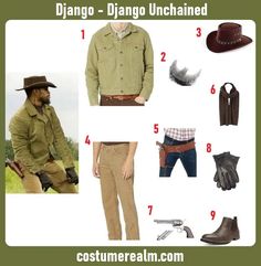 an image of men's clothing and accessories with the words, django - diago unchained