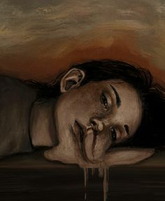 a painting of a woman laying down with her head on the ground and eyes closed