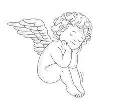 an outlined drawing of a baby angel with wings on it's back, resting its head on his hands