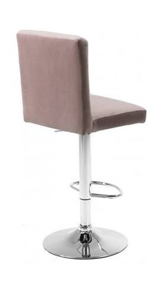 the modern bar stool is upholstered with a pink fabric seat and chrome base