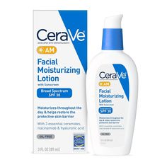 [ BROAD SPECTRUM SPF 30 ] A micro-fine zinc oxide sunscreen for UVA/UVB protection. This CeraVe moisturizer with SPF is a hydrating facial lotion that spreads easily, is absorbed quickly, and leaves a non-greasy finish [ OIL FREE DAY CREAM ] Use this daily face sunscreen as the last step in a morning skincare routine. If layering with an eye cream, moisturizer or facial serum, apply Cerave AM facial lotion after other product applications have been fully absorbed [ SUNSCREEN WITH NIACINAMIDE ] Contains Hyaluronic Acid to retain skin's moisture and Niacinamide to help calm skin. MVE Technology delivers hydration throughout the day [ 3 ESSENTIAL CERAMIDES ] Ceramides are found naturally in the skin and make up 50% of the lipids in the skin barrier. All CeraVe products are formulated with thr Cerave Moisturizer, Spf Face Moisturizer, Cerave Skincare, Moisturizing Lotion, Oil Free Moisturizers, Facial Sunscreen, Sunscreen Moisturizer, Sunscreen Lotion