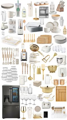 a collage of kitchen utensils and other items in white and gold colors