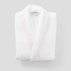 Consider your terry robe upgraded: luxe piping, sleeves that can be rolled and buttoned (so they don’t get soaked), a slim collar for mess-free face masking, pockets and an attached tie that won’t get lost in the wash. Offered in soft white terry with colored piping to match your favorite Bath Towel. Personalized Robes, Personalized Toiletry Bag, Household Gifts, Long Bath, Luxury Robes, Terry Robe, Bath Robes For Women, Hosting Tips, Robes For Women