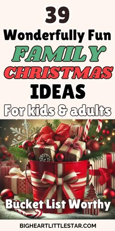 39 wonderfully fun family Christmas ideas for kids and adults. Bucket List worth. Image of Christmas bucket full of gifts Kid Christmas Activity Ideas, Festive Christmas Bow Family Game, Christmas Kick Off Ideas, Fun Christmas Things To Do With Kids, Holiday Activities For Families, Christmas Activities For Families Home, Ideas For Christmas Activities, Christmas Eve Family Activities, Family Christmas Eve Games