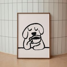 a black and white drawing of a dog eating food