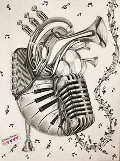 a drawing of a heart with musical notes around it and an old - fashioned microphone