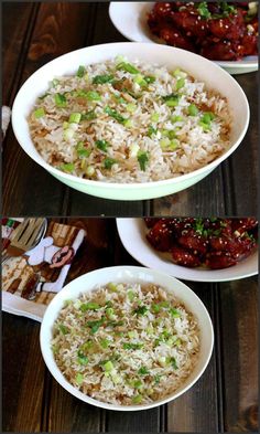 three different pictures of rice and meat in white bowls on a wooden table with chopsticks