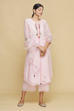 Buy Pink Chanderi Silk Embroidered Kurta Set For Women by Desert Shine by Sulochana Jangir Online at Aza Fashions. Sheer Dupatta, Kurta Set For Women, Embroidered Motifs, A Line Kurta, Pink Sheer, Suits Design, Embroidery Suits Design, Embroidery Suits, Kurta Set