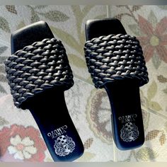 Vince Camuto Lather Slide Sandal. Square Open Toe, Woven Strap Basked Weave Leather. True To Size. Never Worn. Conditions: New. Vince Camuto Shoes, Slide Sandals, Vince Camuto, Women's Shoes Sandals, Open Toe, Shoes Sandals, Size 7, Women Shoes, Sandals