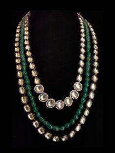 Nargis Multi Strand Green Emeralds & Silver Kundan CZ Stone Necklace - bAnuDesigns Cz Stone Necklace, Pearl Statement Necklace, African Necklace, Multi Layer Necklace, Cz Necklace, Emerald Necklace, Bridal Look, Mala Necklace, Indo Western