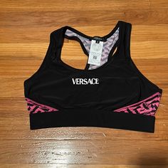 Versace Bra. Size 3. Fits Like A 6 Us. Pink And Black Bra Pink Letter Print Activewear For Sports, Pink Fitted Activewear With Letter Print, Fitted Sporty Tops With Logo, Sporty Fitted Tops With Logo, Pink Letter Print Activewear For Gym, Fitted Gym Activewear With Logo Print, Fitted Activewear With Logo Print For Gym, Fitted Black Activewear With Logo Print, Versace Swimsuit