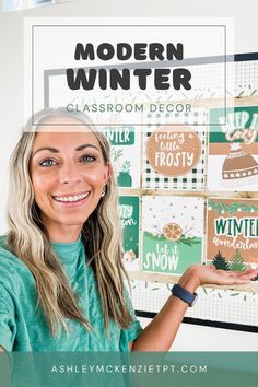 A teacher standing in front of a classroom bulletin board decorated with modern winter themed classroom posters Modern Winter Decor, Modern Classroom Decor, Winter Classroom Decorations, Ashley Mckenzie, Winter Bulletin Board, Winter Bulletin, Bulletin Boards Classroom Decor, Winter Bulletin Boards, Classroom Decor Bundle