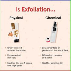 Physical or Chemical: What Kind of Exfoliator is Best? Keep reading to learn the differences between chemical and physical #exfoliation and to find out which type of exfoliant is best for your skin. . . #skincare #skintips #exfoliation #aha #bha #acne What Is Exfoliating, Aesthetician School, Skin Knowledge, Making Skin Care Products, Poor Lifestyle, Lack Of Attention, Skincare Ideas, Korean Skin Care Secrets, Hair Growth Challenge