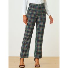 These pants are essential for dressing up or down. Lightweight fabric, covered in a plaid pattern, shapes these trendy trousers with a high-rise fit. How it is a bit high waist and how it gathers at the waist adding shape to the body. You may love everything about these trousers, from their regular fit to the elastic high-waist, which could double as a hiding mechanism for women with love handles. Style these trousers with a crop top and heels for the ultimate look. This fashionable and trendy c Casual Plaid Bottoms With Button Closure, Tailored Casual Plaid Pants, Plaid High-waisted Pants For Work, Chic Plaid Straight Leg Bottoms, Tailored Plaid Casual Bottoms, Plaid High Waist Fitted Bottoms, Fitted Plaid High-waist Bottoms, High Waist Plaid Fitted Bottoms, High Waist Fitted Plaid Bottoms