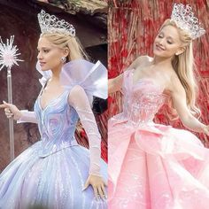 two women in dresses and tiaras standing next to each other with one holding a wand