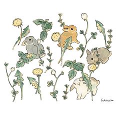 an image of some animals in the wildflowers with leaves and flowers on them