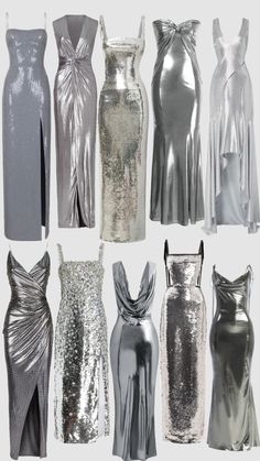 six different styles of silver dresses