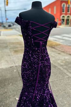 Vestido largo de la sirena de lentejuelas púrpura fuera del hombro Lavender Prom Dress Long, Mermaid Long Dress, Off The Shoulder Prom Dress, Lavender Prom Dresses, Halter Evening Dress, Purple Prom, Purple Prom Dress, Corset Dress Prom, Pink Formal Dresses