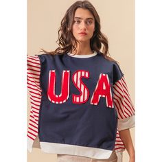 The USA Letter Patchwork Contrast Short Sleeve T-Shirt is a trendy and patriotic piece that celebrates American pride. Featuring patchwork details with USA lettering, this t-shirt exudes a bold and American-inspired vibe. The contrast design adds a modern and eye-catching element to the top, making it stand out. Pair this t-shirt with denim shorts for a casual summer look or dress it up with a skirt for a fun and patriotic outfit. The combination of patchwork and lettering creates a unique and s Crew Neck Cotton T-shirt With Patchwork, Casual Short Sleeve Tops With Patches, Red Americana T-shirt With American Flag, Independence Day Cotton Letter Print Sweatshirt, Independence Day Cotton Sweatshirt With Letter Print, Cotton Americana Tops For Independence Day, Labor Day Americana Style Cotton Tops, Independence Day Americana Cotton Tops, Labor Day Americana Cotton Tops