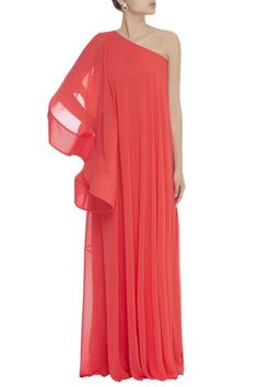 Shop for Gauri and Nainika Coral One Shoulder Gown for Women Online at Aza Fashions Coral Gown, Black One Shoulder Dress, Embroidered Jumpsuit, One Shoulder Maxi Dress, Gown For Women, Fashion Design Collection, Sleeve Gown, One Shoulder Gown, Maroon Dress