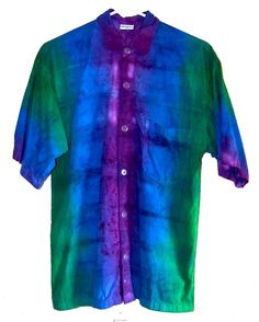 THIS IS A PRE-ORDER, ITEMS WILL SHIP IN 1-3 WEEKS If you need it fast, check out my OOAK and READY TO SHIP listings Consult me for rush orders on custom clothes, extra fees may apply Green, blue and purple ombre dyed men's Maui cotton button down shirt. S- CHEST 40, LENGTH 29 M- CHEST 42, LENGTH 29 L- CHEST 48, LENGTH 30 XL- CHEST 54, LENGTH 31 2XL- CHEST 57, LENGTH 31 3XL- CHEST 63, LENGTH 34 With ombre dye technique I take a color and fade it into another and back out again on my clothes. I lo Blue Casual Pre-washed Shirt, Casual Pre-washed Blue Shirt, Blue Pre-washed Relaxed Fit Shirt, Blue Relaxed Fit Pre-washed Shirt, Hand Dyed Casual Summer Shirt, Casual Hand Dyed Summer Shirt, Casual Hand Dyed Shirt For Summer, Casual Summer Hand Dyed Shirt, Maui Style