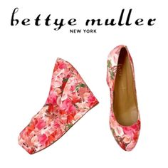 Great Pair Of Bettye Muller Floral Print Wedge Heels. Pink, White, And Green Floral Print Fabric Covers The Outside Of Shoes, Including The 1 1/2" Platform In Front Leading To 4 1/2" Wedge Heel In Back. Either Worn Once Or Never Worn -- Excellent Condition With No Wear, Some Very Minor Scuffing On Soles That Could Just Be Shelf Wear. No Box. Marked As A Size 38 Eu (7.5 Us). Foot Bed Measures Approximately 9 1/2" Long, Widest Part Of Ball Of Foot Is 2 7/8" Wide, Heel Is 4 1/2" Tall. Comes From A Feminine Spring Wedge Heels, Feminine Wedge Heels For Spring, Feminine Wedge Heel Spring Heels, Spring Fitted Wedge Sandals, Spring Fitted Wedge Heel, Fitted Wedge Heels For Spring, Pink Fitted Wedge Heels, Fitted Pink Wedge Heels, Pink Suede Heels