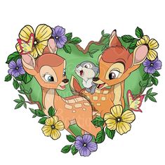 two deers in the shape of a heart surrounded by flowers